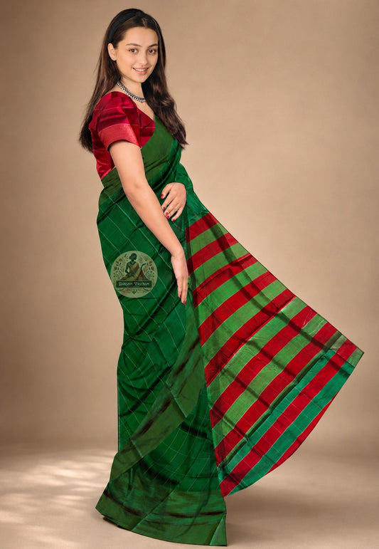 Side view of Bishnupur Katan Silk Saree showing the graceful fall and structured drape, perfect for Durga Puja, Bengali weddings and festive celebrations