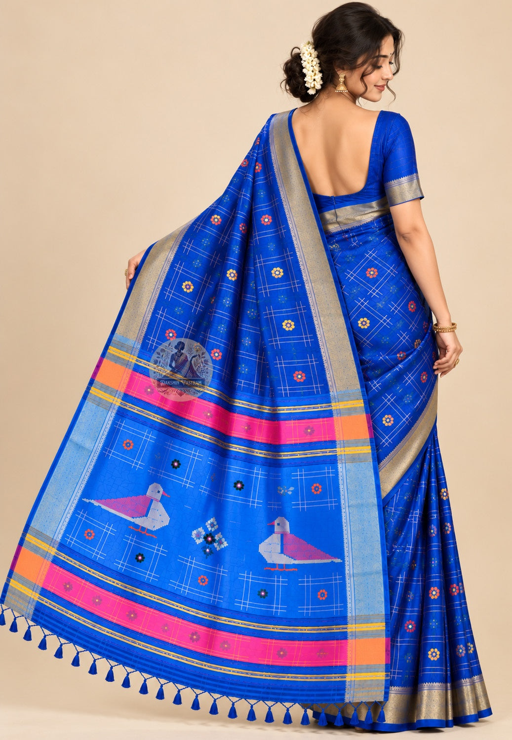Side view of Bishnupur Katan silk handloom saree displaying clean confident pleat structure and natural lustre of tightly woven pure Katan silk