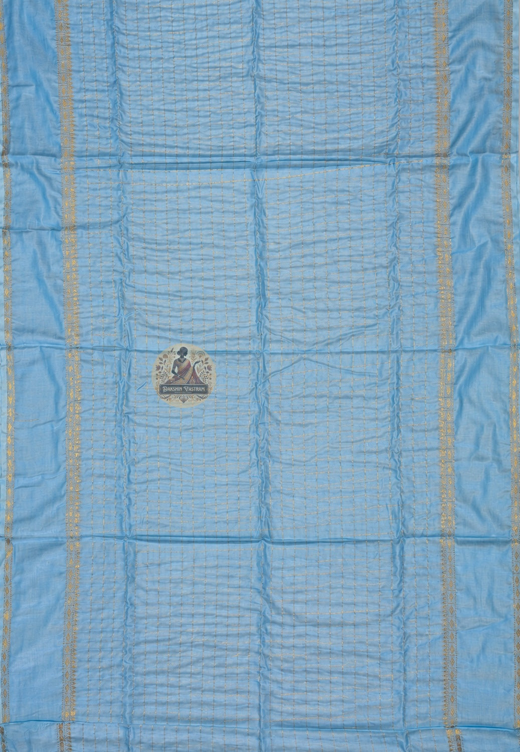 Full length view of pure cotton zari saree without blouse, displaying complete body, zari border, and pallu in detail