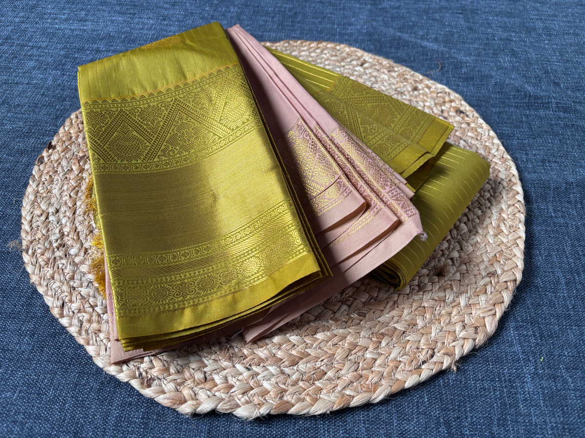 Fresh from the loom – Semi Kanjivaram saree in full drape, perfect for first-time buyers in the UK