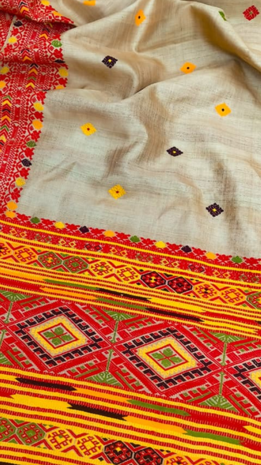 Side view of Pure Muga Silk Saree showing the structured yet graceful drape and warm evolving golden sheen of handwoven Assam Muga silk in natural light