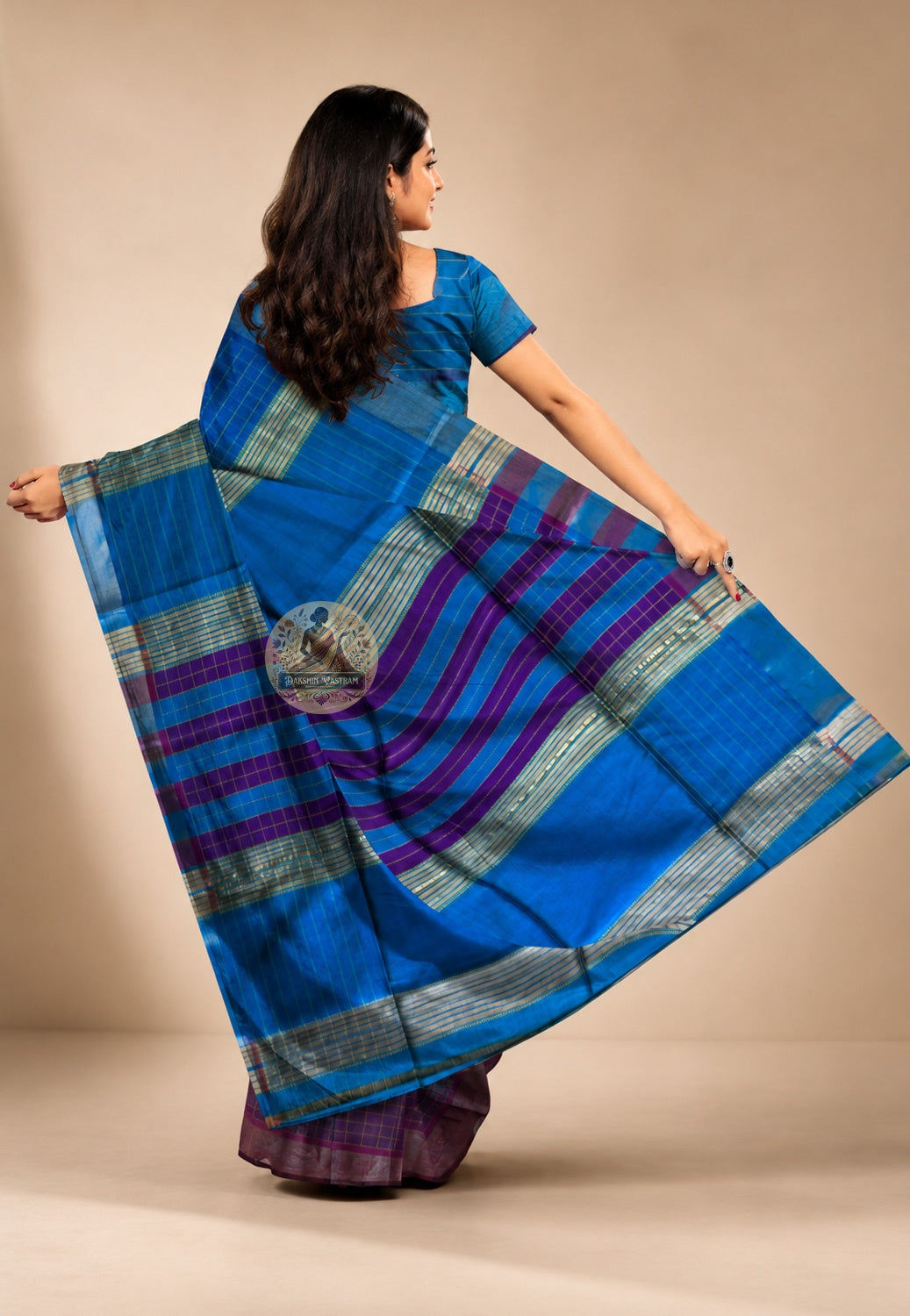 Rear view of handwoven Bishnupur Katan Silk Saree displaying the richly woven pallu with traditional Bengal terracotta temple and folk motifs woven in pure silk