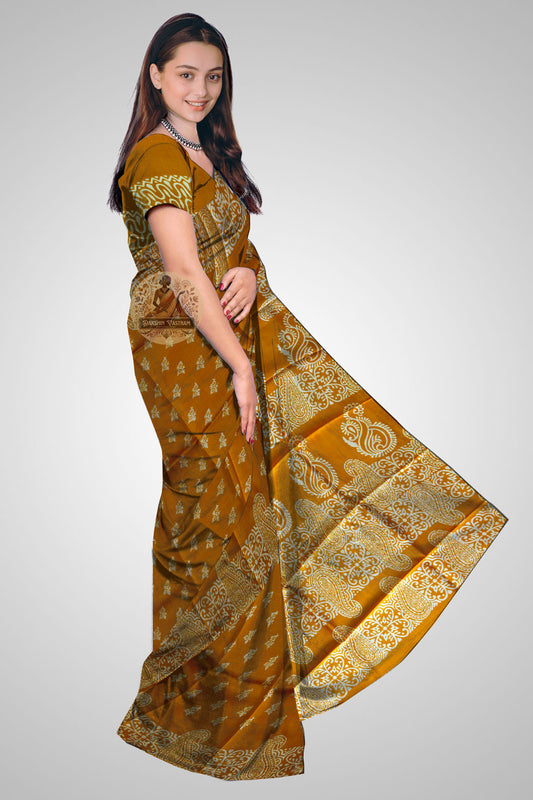 Shop Bishnupur Silk Saree online – Side view showing block print design
