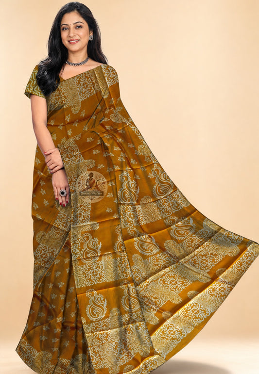Bishnupur Silk Block Print Saree in full drape – handcrafted Bengal silk saree for Durga Puja in Kolkata and Diwali in Delhi | Dakshin Vastram