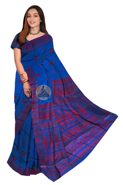Handwoven Baluchari silk saree in deep cobalt blue with gold zari Ramayana figures on contrast pallu