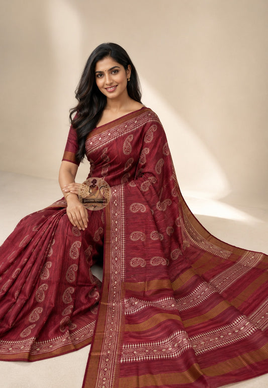 Side view of handwoven Ghicha Tussar Silk Saree showing graceful drape and fall, lightweight silk with natural sheen, ideal for wedding and festive occasions