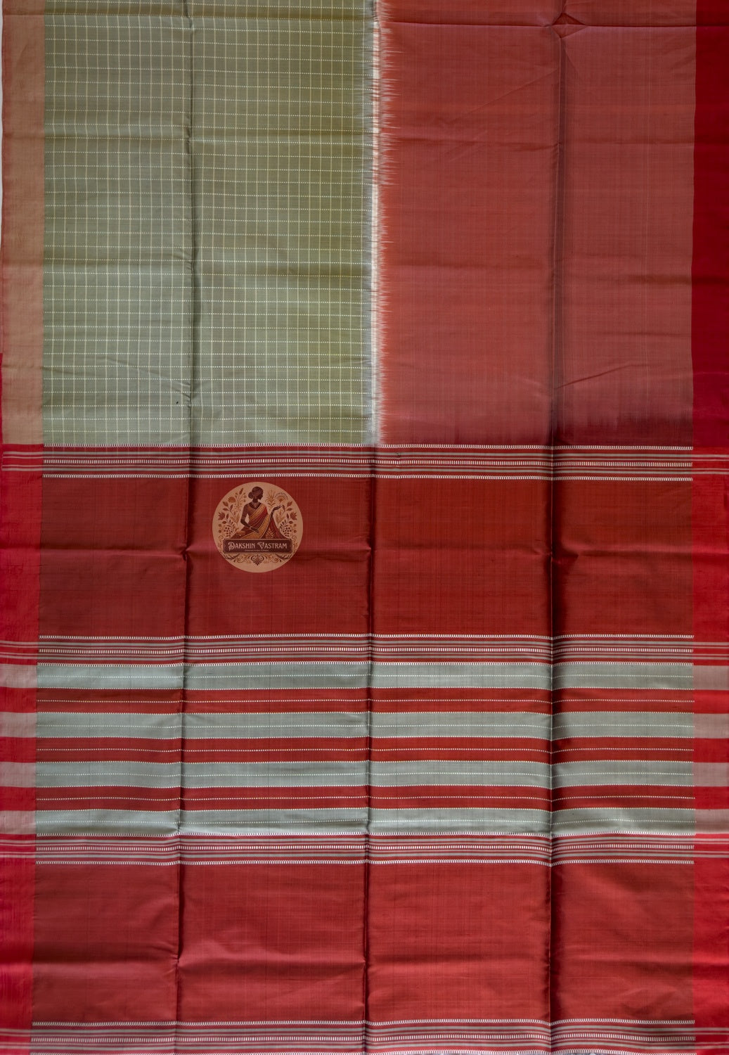Full flat-lay of Bishnupur Pure Katan Silk Saree displaying the complete handloom weave, woven border and richly patterned pallu — a premium handwoven saree from Bishnupur, West Bengal