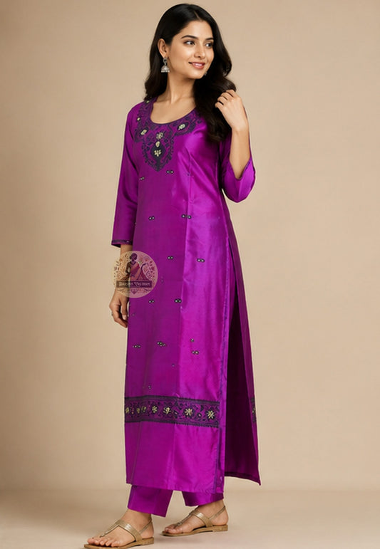Close-up of intricate Resham silk thread embroidery on Deep Pink Baluchari kurti fabric neckline – Dakshin Vastram