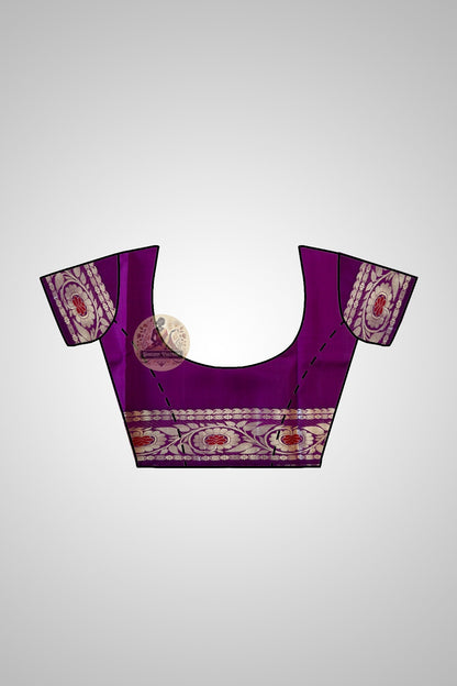 Traditional handloom Baluchari saree in jade green with contrasting crimson border and temple motifs