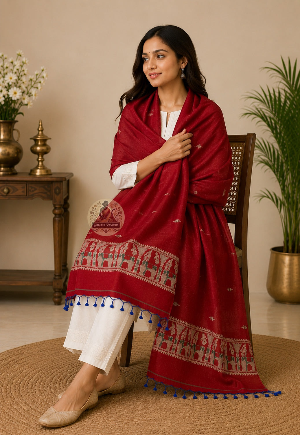 Wrap drape view of handwoven Baluchari silk stole in crimson – pure silk with multicolour woven narrative border draped over ivory kurta, perfect for Durga Puja and weddings