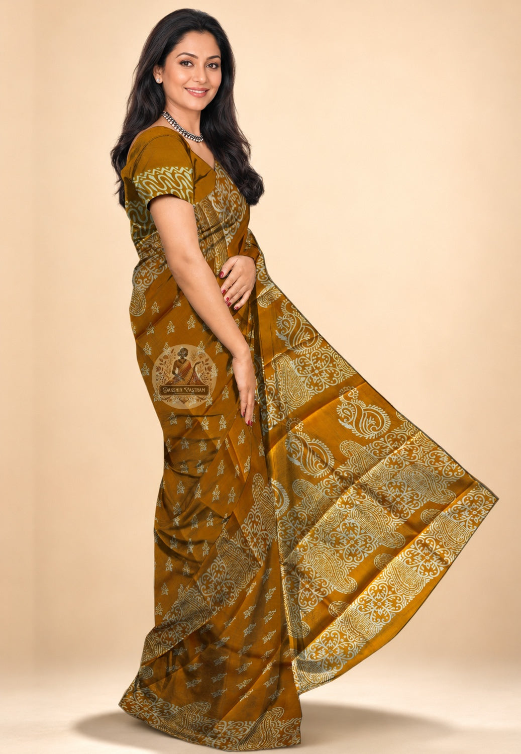 Bishnupur hand block print saree front view – traditional Bankura folk motifs pressed on pure silk by Bishnupur artisan craftsmen