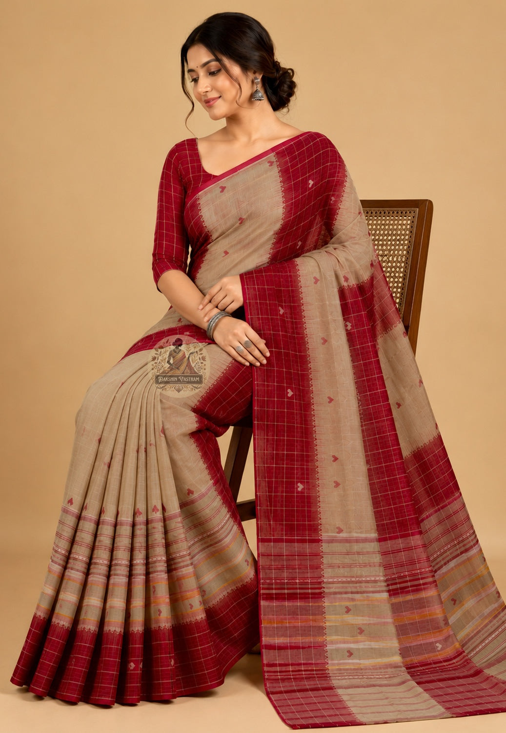 Rear view of pure cotton handloom saree highlighting the pallu and woven border, from the Durga Puja 2026 new arrivals collection by Dakshin Vastram