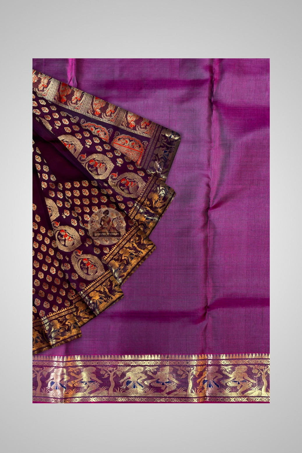 Mahabharata-inspired handwoven golden motifs on Swarnachari Bengal silk saree by Dakshin Vastram