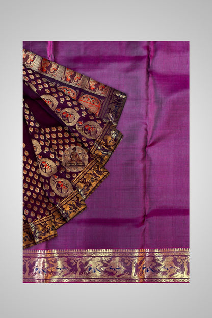 Mahabharata-inspired handwoven golden motifs on Swarnachari Bengal silk saree by Dakshin Vastram