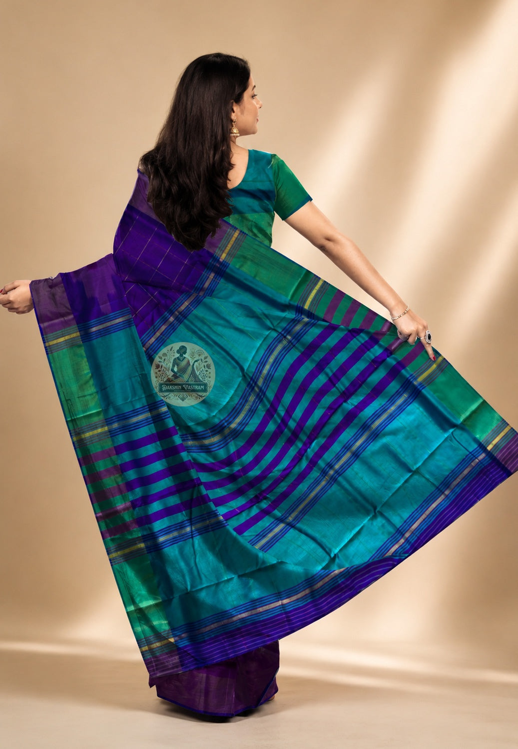 Rear view of handwoven Bishnupur Katan Silk Saree displaying the richly woven pallu with traditional Bengal terracotta temple and folk motifs woven in pure silk with patience