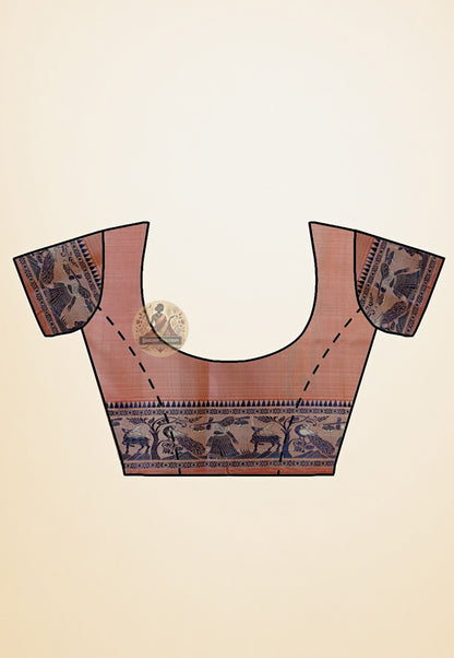 Full drape view of Baluchari handwoven silk saree showcasing ornate pallu and woven border detailing