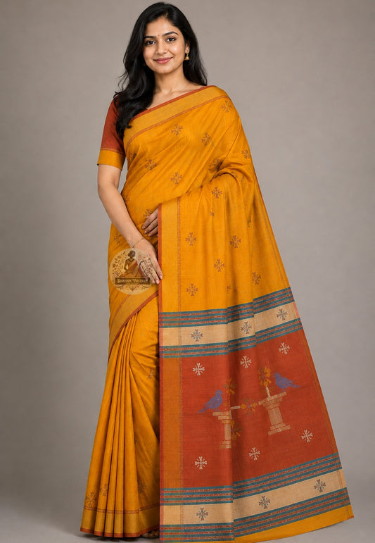 Front view of Bishnupur Katan Silk Saree with handwoven Radha Krishna temple panel and creeper scroll motifs West Bengal