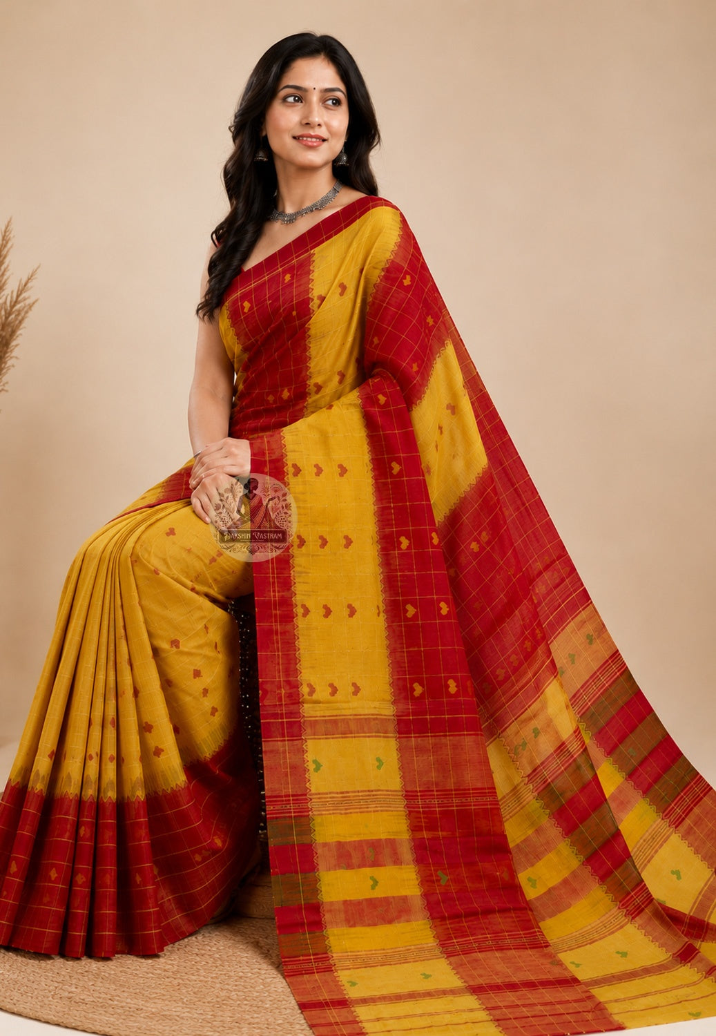 Rear view of pure cotton handloom travel saree highlighting the pallu and woven border, ideal for destination weddings and cultural tours across India