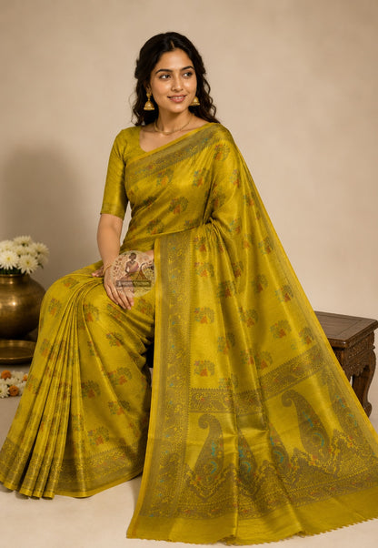 Rear view of Banarasi Muga Tussar Saree displaying intricate zari pallu with traditional Banarasi motifs of lotus and paisley
