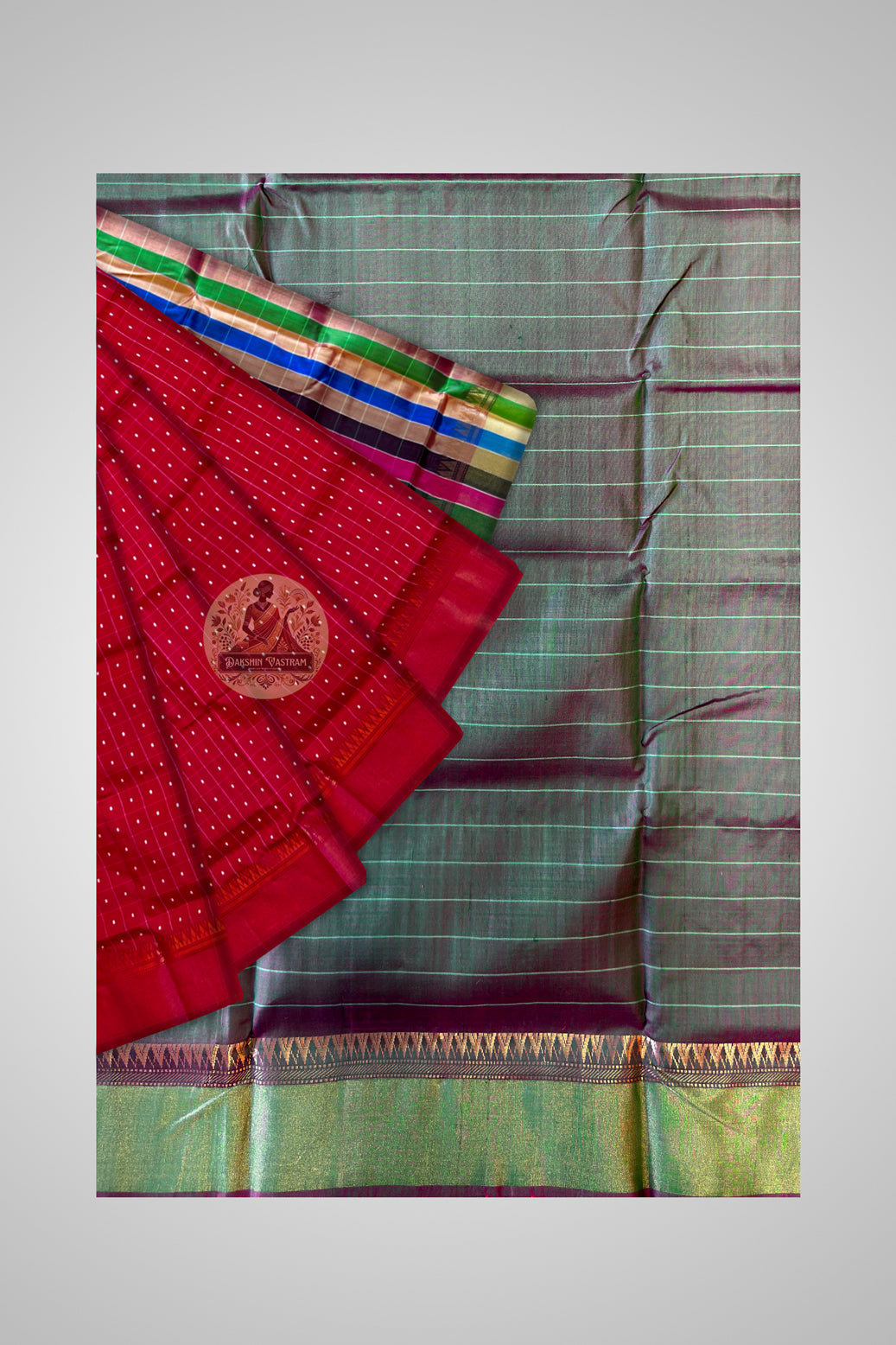 Bishnupur Bindu Booti saree pallu detail – woven floral sprig and dot motifs from Bishnupur's Malla kingdom handloom tradition, integrated directly into pure silk | Dakshin Vastram