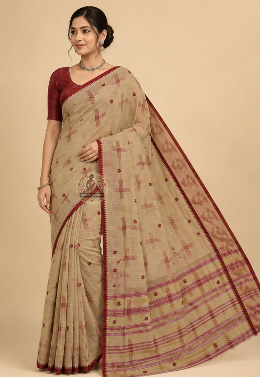Front view of ethical handloom pure cotton saree without blouse piece, a slow fashion choice for Durga Puja, Diwali and conscious festive occasions across India