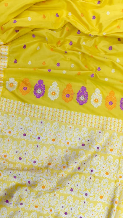 Rear view of Assam Mulberry Silk Saree showing the pallu with hand-embroidered thread work patterns inspired by Northeast India's heritage