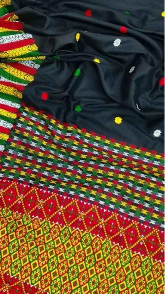 Rear view of Assam Mulberry Silk Colour Motif Saree displaying the richly patterned pallu with vibrant folk art motifs inspired by Northeast India's natural world