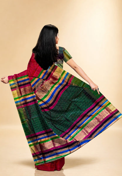 Bishnupur Silk Bindu Booti Saree rear view – full drape revealing handwoven jewel-like dot and floral motifs on lustrous pure silk, a celebration of Bengal's weaving heritage