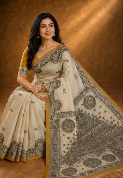 Rear view of handwoven Ghicha Tussar Silk Saree displaying the richly textured pallu with handwoven motifs in natural Tussar silk — earthy, warm and entirely unique