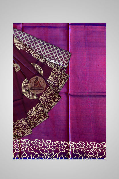 Close-up of Bishnupur block print saree motifs – intricate hand-carved wooden block patterns on pure silk, unique artisan craft