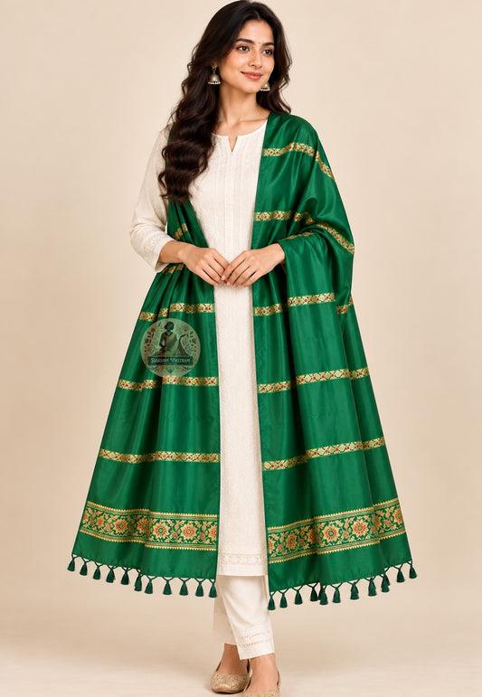 Front view of Bishnupur Baluchari pure silk stole with master-woven mythological narrative motifs, handloom textile art from West Bengal