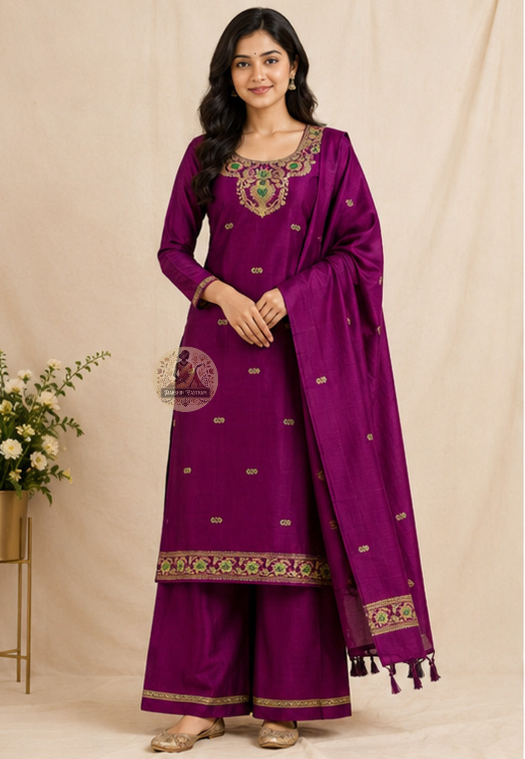 Handloom Baluchari silk unstitched kurti piece in magenta with resham woven neckline motifs — Dakshin Vastram