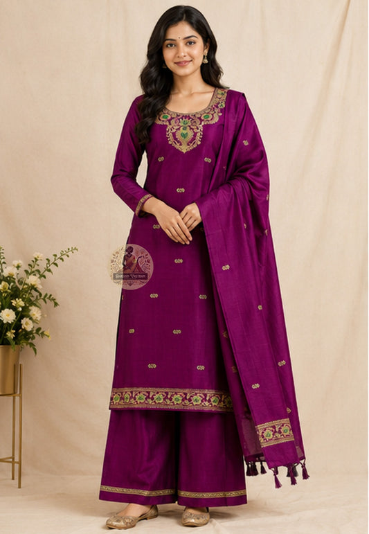 Handloom Baluchari silk unstitched kurti piece in magenta with resham woven neckline motifs — Dakshin Vastram