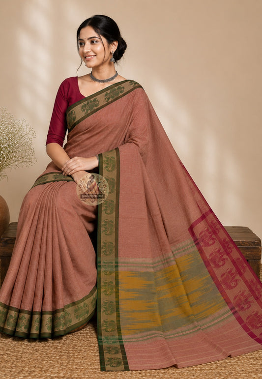 Side view of lightweight pure cotton saree showing graceful drape and airy handloom fall