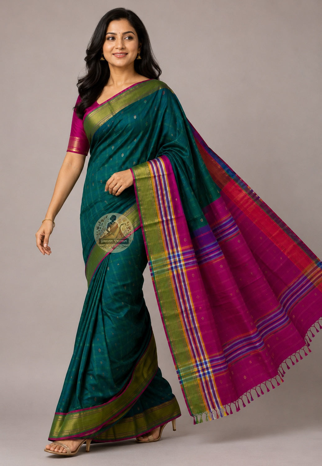 Bishnupuri pure katan silk saree front view – radiant drape with lustrous Bengal handwoven silk, enhancing natural beauty for weddings and festive occasions