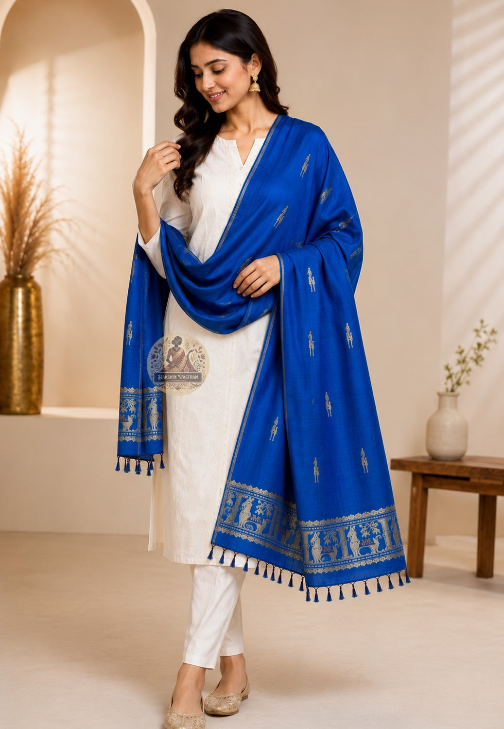 Rear drape view of handwoven Baluchari silk stole in royal violet – showcasing full length, golden woven border and blue silk tassels