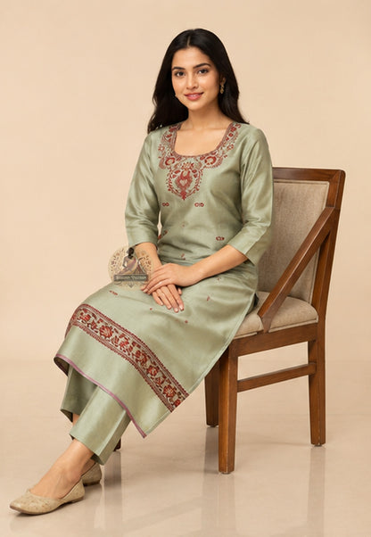 Unstitched Baluchari silk kurti fabric in soft Pesta Green with heritage woven border – ships to London Birmingham Leicester Manchester
