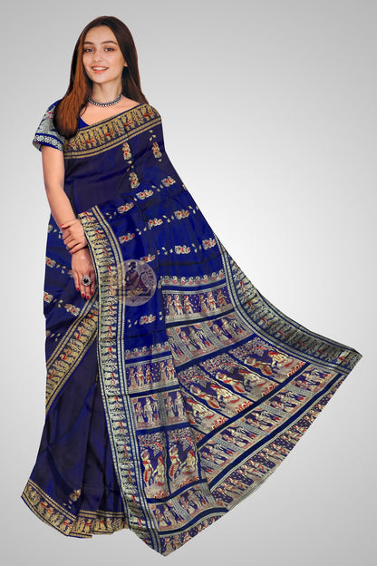 Handwoven Baluchari silk saree with intricate Ramayana motifs in deep crimson and gold