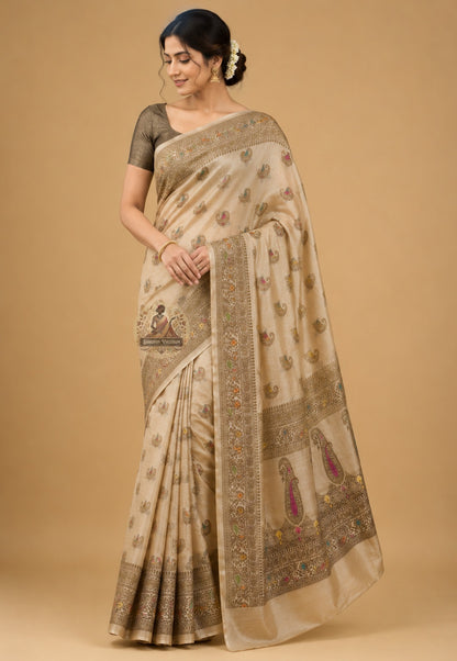 Front view of Banarasi Muga Tussar Saree in naturally golden Muga silk with handwoven Banarasi zari border, draped as a timeless heirloom saree for weddings and festive occasions across India