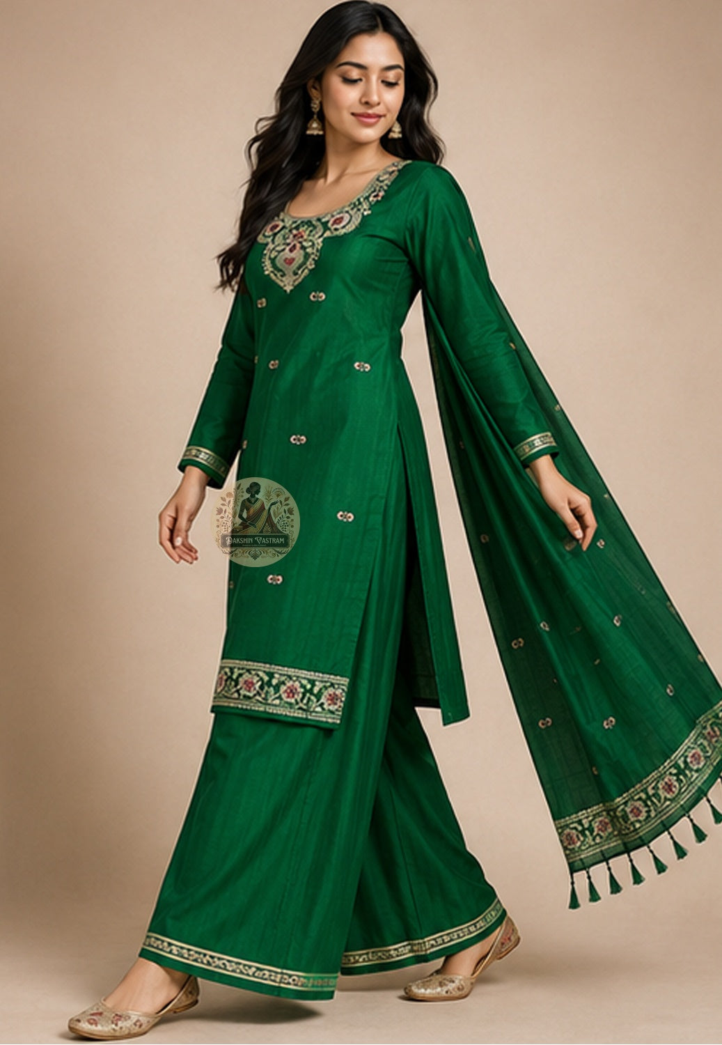 raditional Baluchari border motifs woven into verdant green pure mulberry silk kurti piece — handcrafted in West Bengal