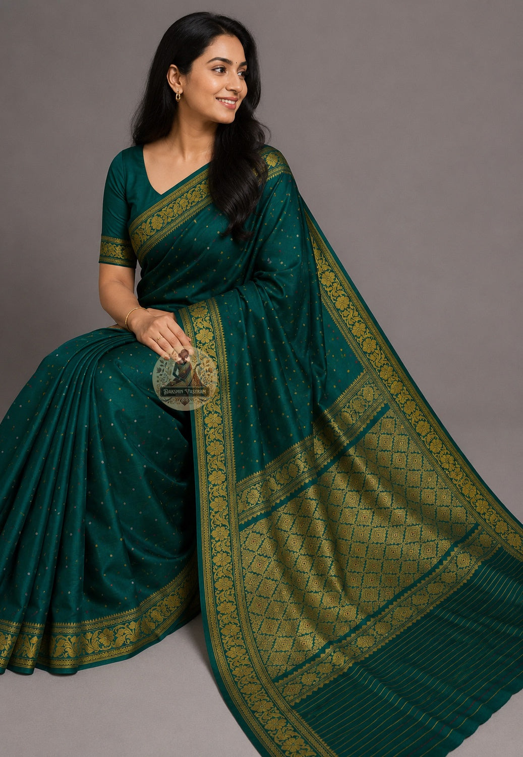 Rear view of Bishnupuri handwoven katan silk saree – elegant back drape with traditional Bengal temple motif woven border, artisan heritage saree for festive and bridal occasions