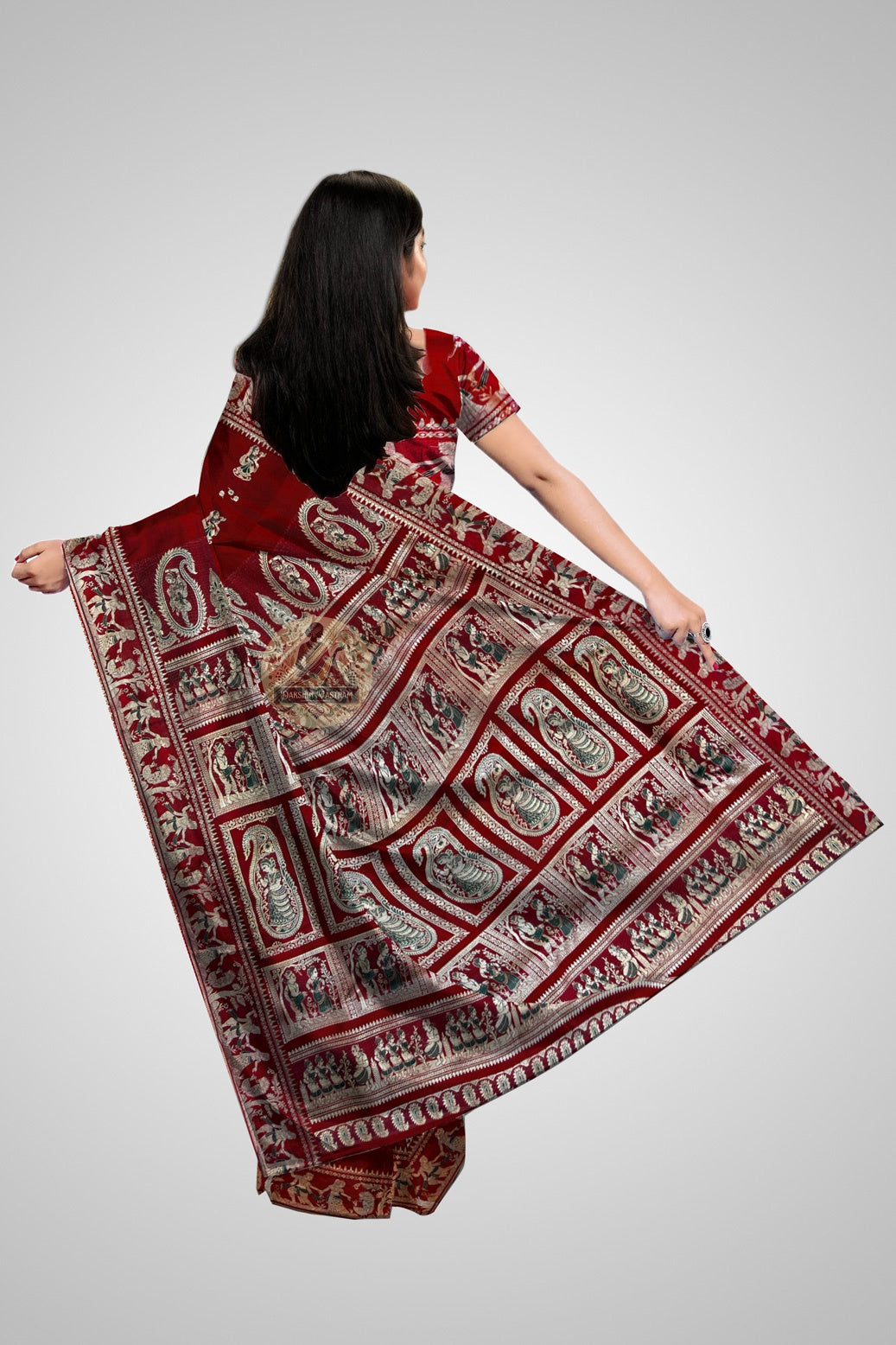 Close-up of intricate Baluchari weave pattern on pure mulberry silk