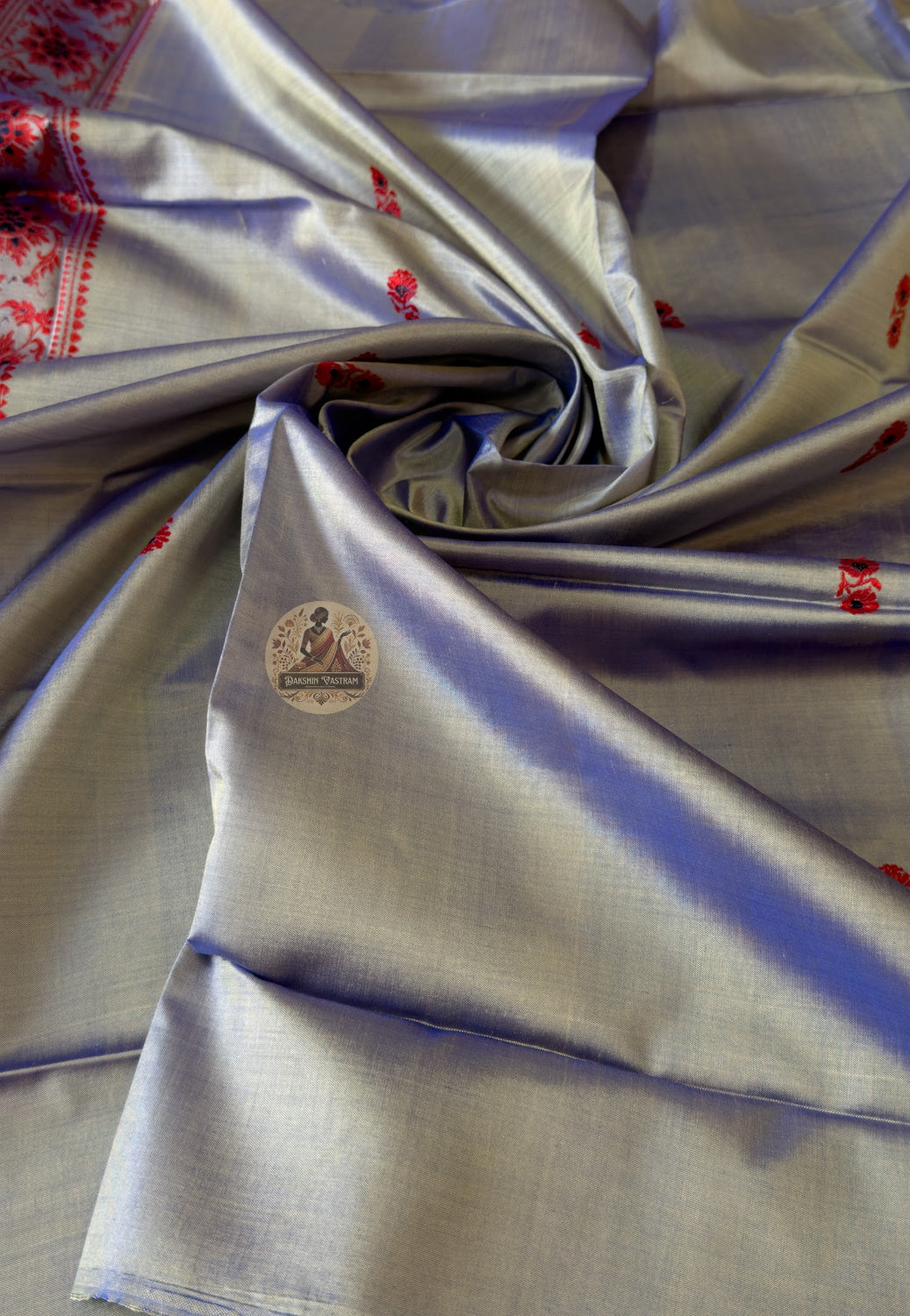 Traditional Bishnupur Baluchari silk fabric in Grey with Resham woven motifs – elegant ethnic kurti material for Diwali Durga Puja weddings