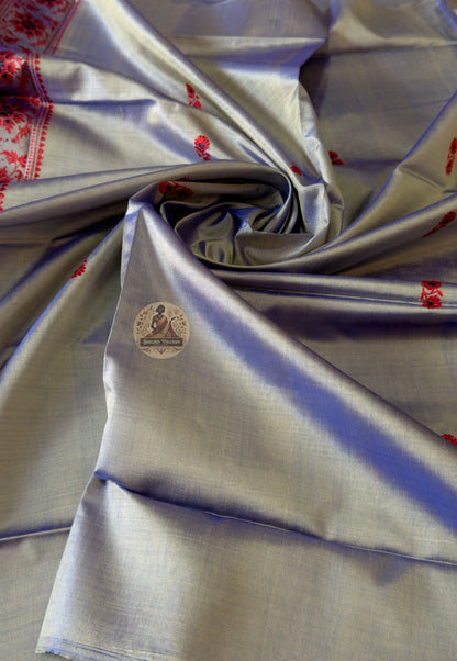 Indian woman wearing a Slate Grey Baluchari Silk kurti stitched from handloom Mulberry silk fabric – festive ethnic wear by Dakshin Vastram
