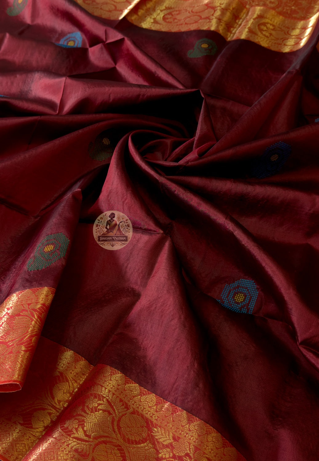 Macro close-up of the Kolakhetra geometric weave on Bishnupur Silk Saree, revealing the intricate symmetry of squares and diamonds handwoven in pure silk — the sacred geometry of Bengal