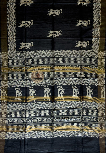 Full view of Ghicha Tussar Silk Saree laid flat showcasing complete handwoven wild Tussar fabric in natural warm tone, a one-of-a-kind saree for Chhath Puja, Durga Puja and every story worth telling