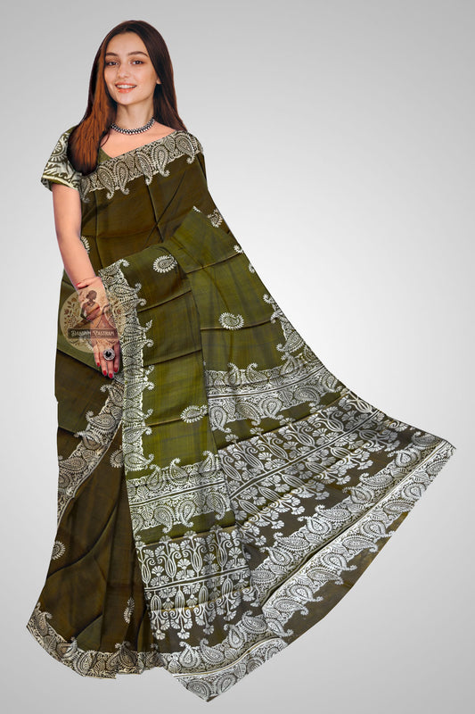 Buy Pure Bishnupur Silk Block Print Saree online – Front view of Mulberry silk saree