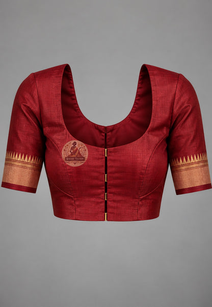 Matching blouse piece included with Bishnupur Katan silk bridal handloom saree, pre-matched and handwoven for Bengali wedding occasions in West Bengal