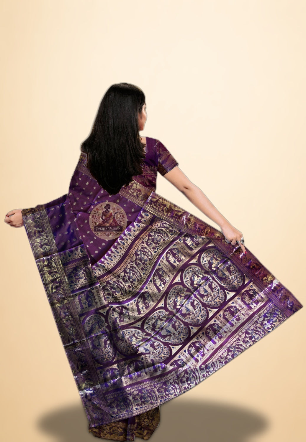 Traditional Swarnachari silk saree in magenta purple — artisan handloom craft from Bengal, India