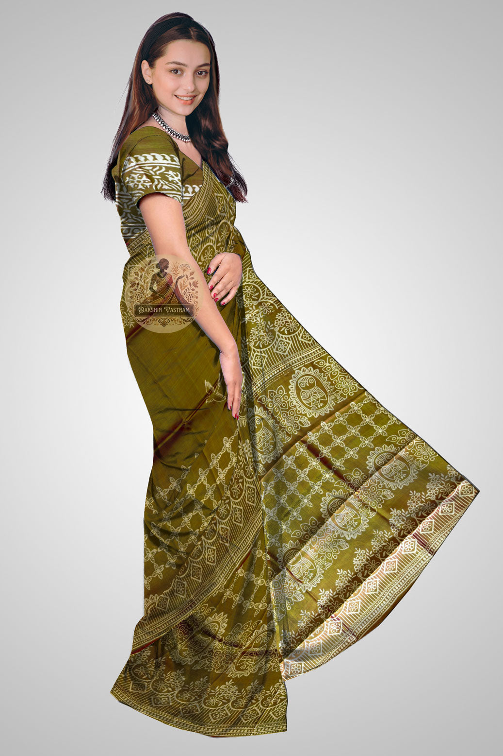 Shop Bishnupur Silk Saree online – Side view showing block print design